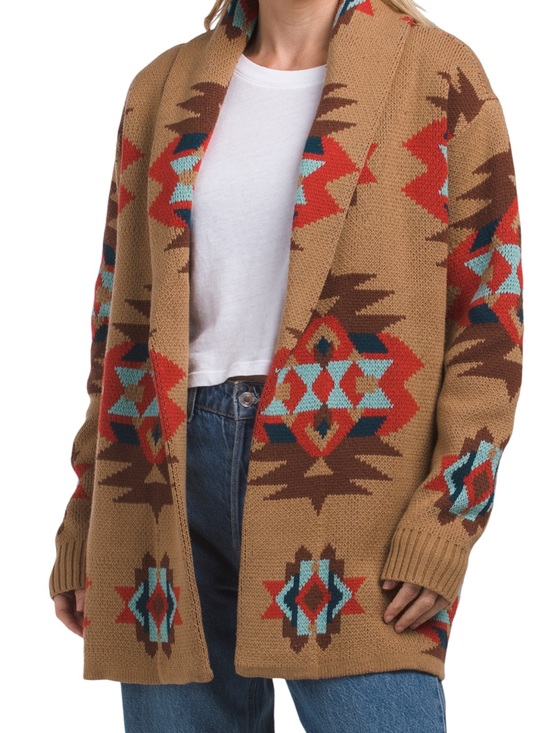 Lucky Brand Sweaters - Lucky Brand Open-Front Aztec Pattern Cardigan Sweater - Tan